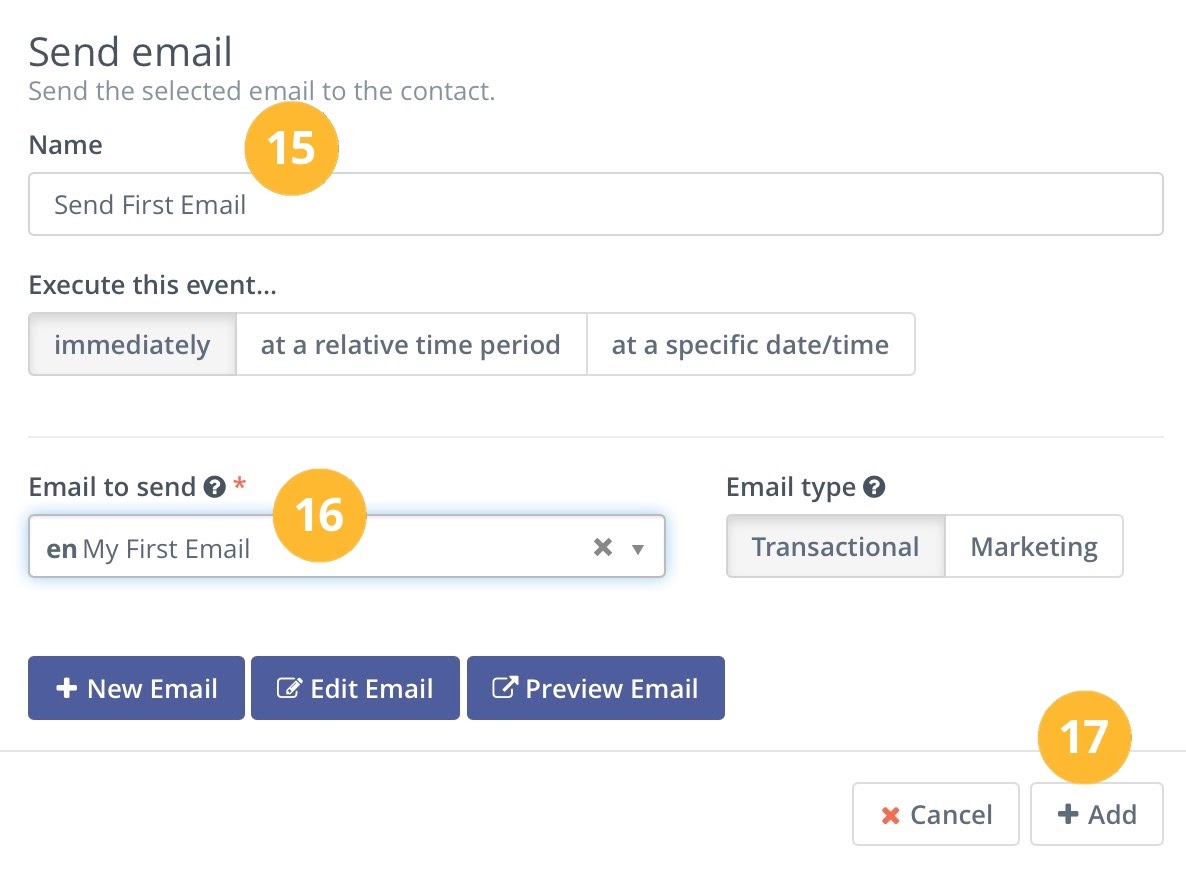 Screenshot showing the send email campaign action configuration