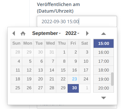 Screenshot des Datepickers. Ausgewählt ist der 30.09.2022 15:00