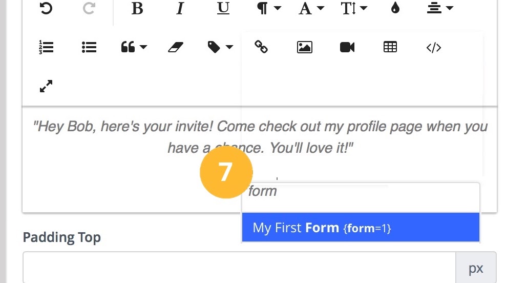 Screenshot showing the insertion of a form using tokens in a landing page