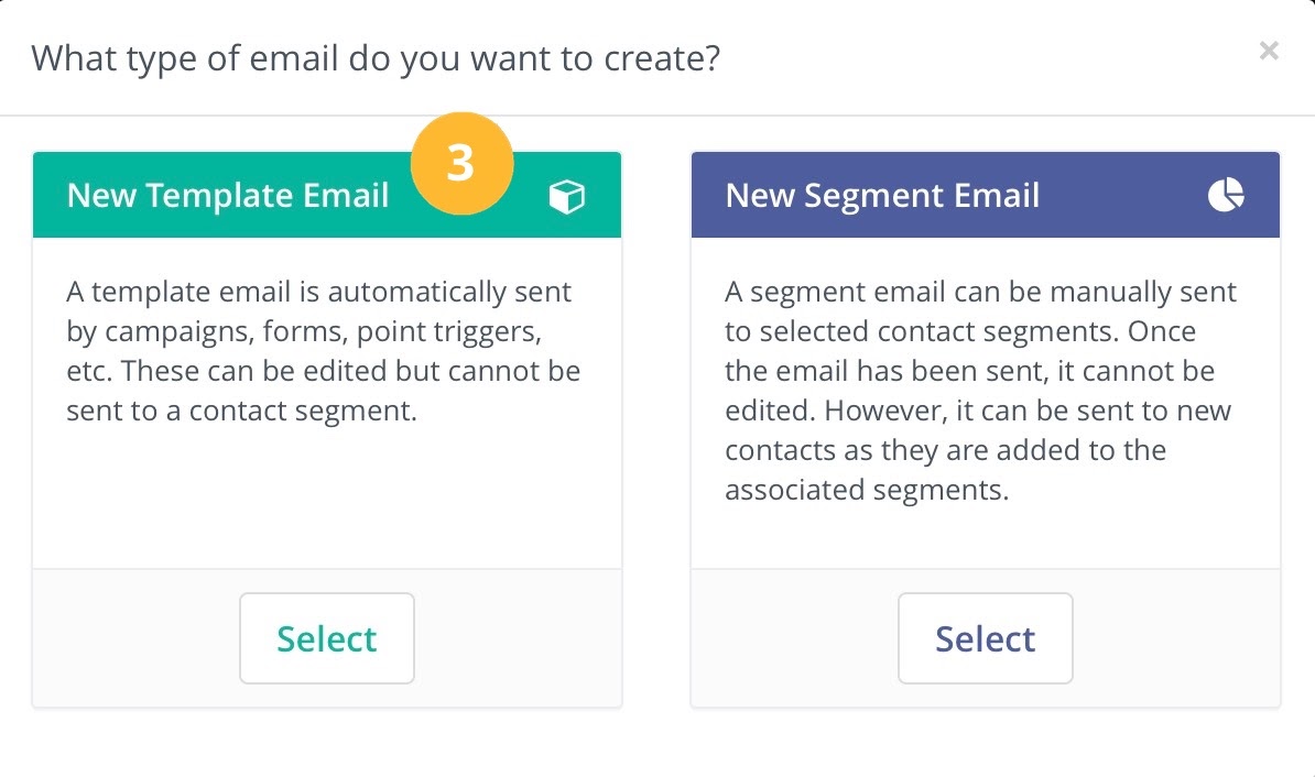 Screenshot showing the selection of a new template email